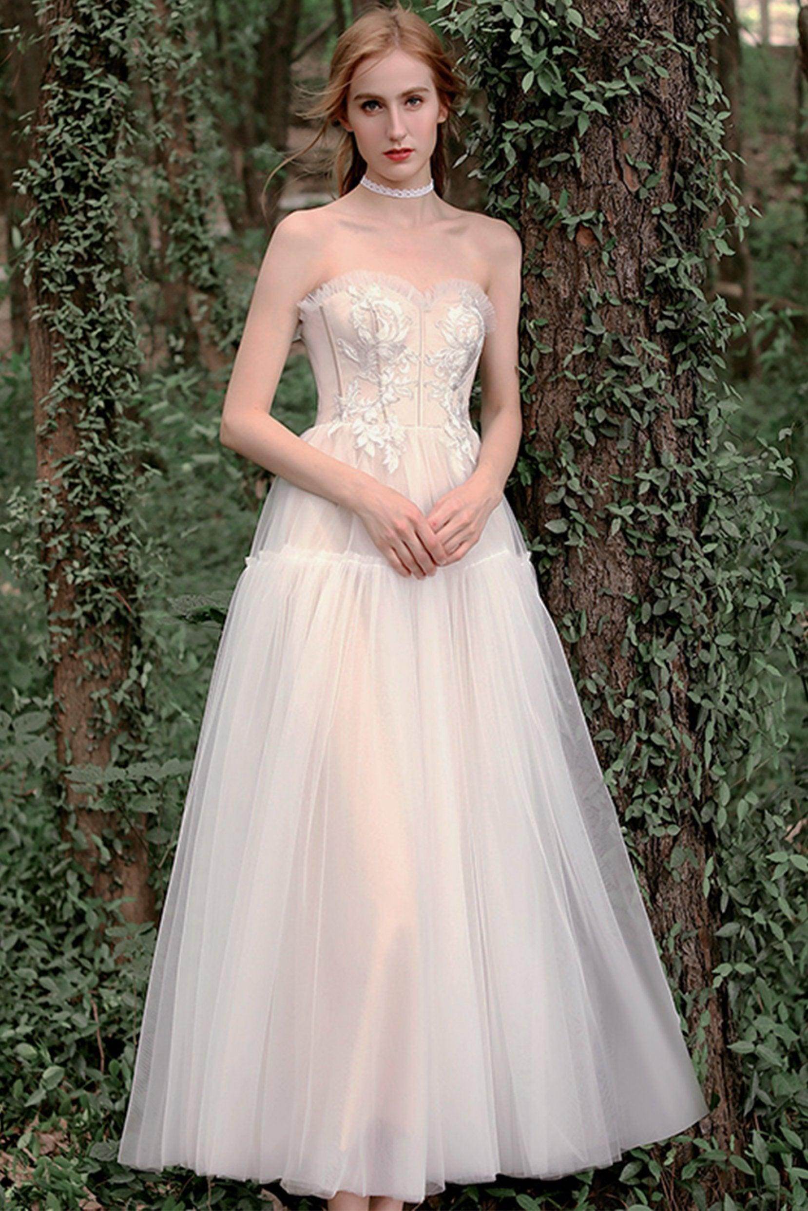 A-Line Tea Length Lace Tulle Wedding Dress CW2756 - COCOMELODY